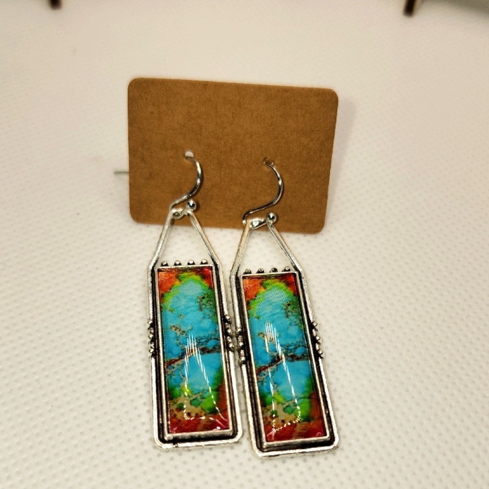 Colorful Rectangular Boho‎ Earrings - Picture 2 of 6